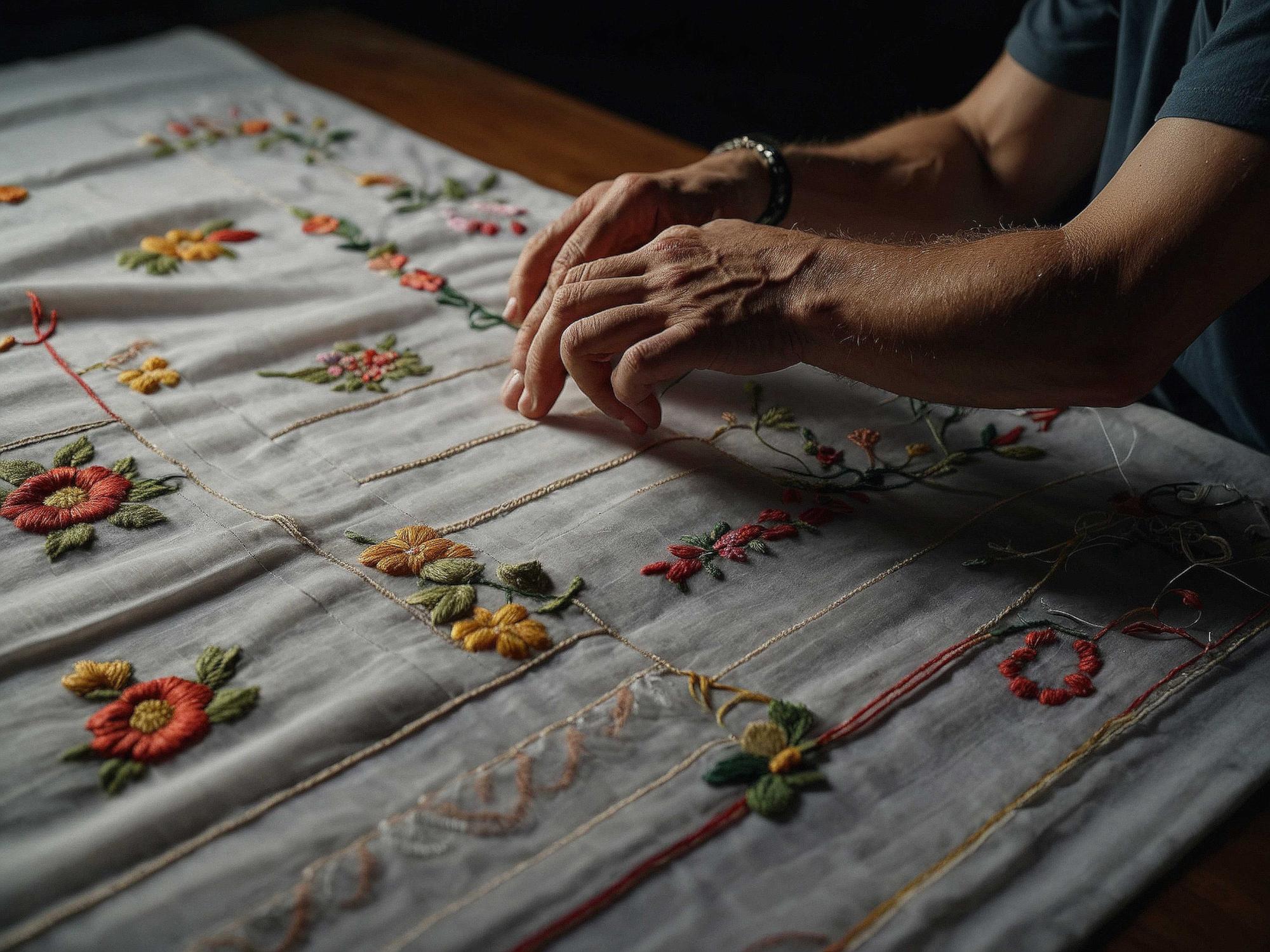 artisan at work embroidering a floral pattern